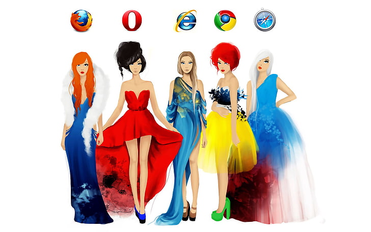 ウェブブラウザのロゴ、女の子、ドレス、ブルネット、ヘアスタイル、ブロンド、フォックス、オペラ、モジラ、茶色の髪、firefox、赤毛、グーグル、サファリ、クローム、インターネットエクスプローラ、ロバ、オペラブラウザ、グーグルクローム、ブラウザ、 HDデスクトップの壁紙
