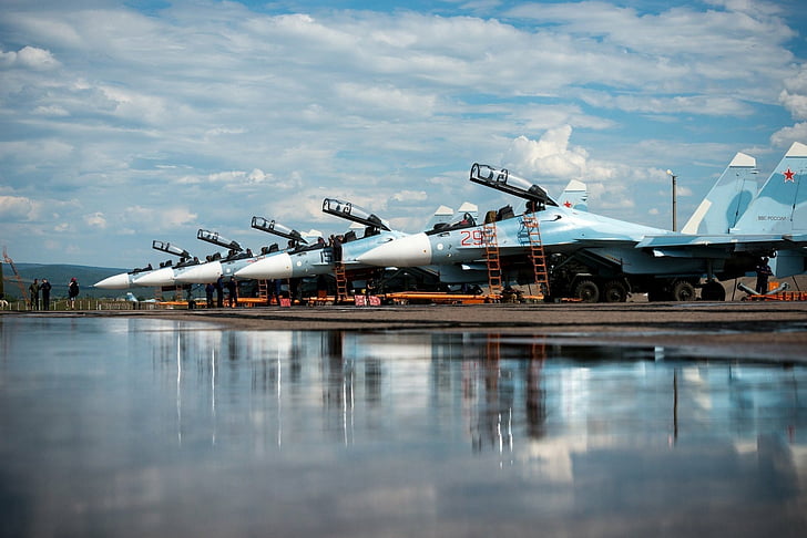 Myśliwce odrzutowe, Sukhoi Su-35, Samoloty, Myśliwce odrzutowe, Wojsko, Reflection, Warplane, Tapety HD