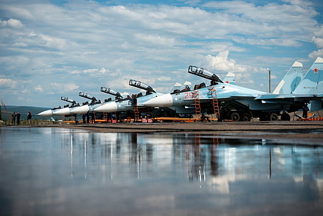 เครื่องบินรบ, Sukhoi Su-35, เครื่องบิน, เครื่องบินขับไล่เจ็ท, ทหาร, การสะท้อน, เครื่องบินรบ, วอลล์เปเปอร์ HD HD wallpaper