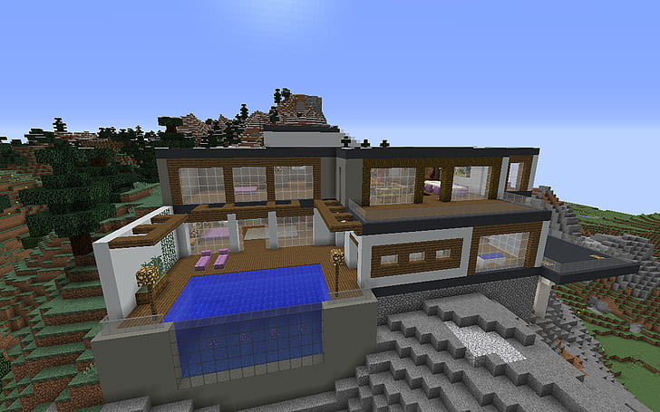 Minecraft, ev, peyzaj, modern, Yüzme Havuzu, HD masaüstü duvar kağıdı