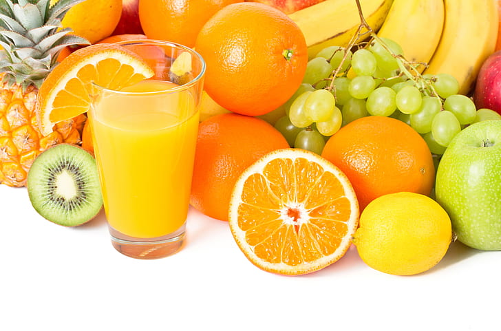 glass, lemon, apples, oranges, kiwi, juice, grapes, bananas, white background, fruit, pineapple, HD wallpaper