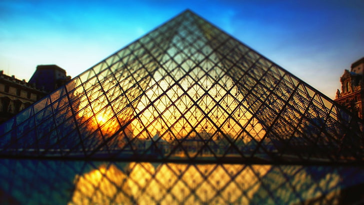 Лувр, Париж Франция, Лувр, Париж, солнечный свет, архитектура, пирамида, HD обои