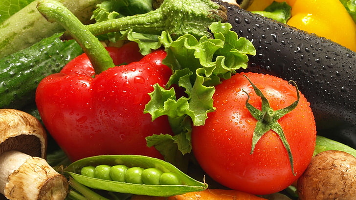 pomidory, zielony groszek i grzyby, warzywa, papryka (żywność), pomidory, grzyby, bakłażan, ogórek, ogórki, groszek, Tapety HD