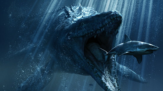 Джурасик свят, динозаври, най-добри филми за 2015 г., филм, акула, динозавър, HD тапет HD wallpaper