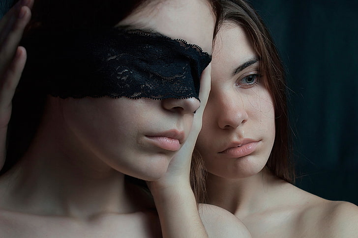 Blindfold, crying, face, model, tears, Twins, women, HD wallpaper
