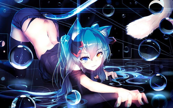 blue-haired female illustration, anime, Vocaloid, heterochromia, animal ears, nekomimi, HD wallpaper