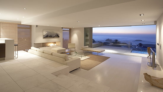armoire en bois blanc avec miroir, chambre, intérieur, terrasses, mer, horizon, Fond d'écran HD HD wallpaper