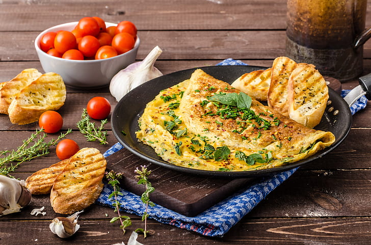 tomatoes, garlic, Basil, croutons, omelette, HD wallpaper