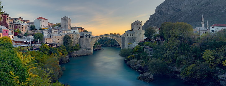 krajobraz, przyroda, rzeka, stary, most, miasto, góry, drzewa, architektura, Bośnia, Mostar, Tapety HD