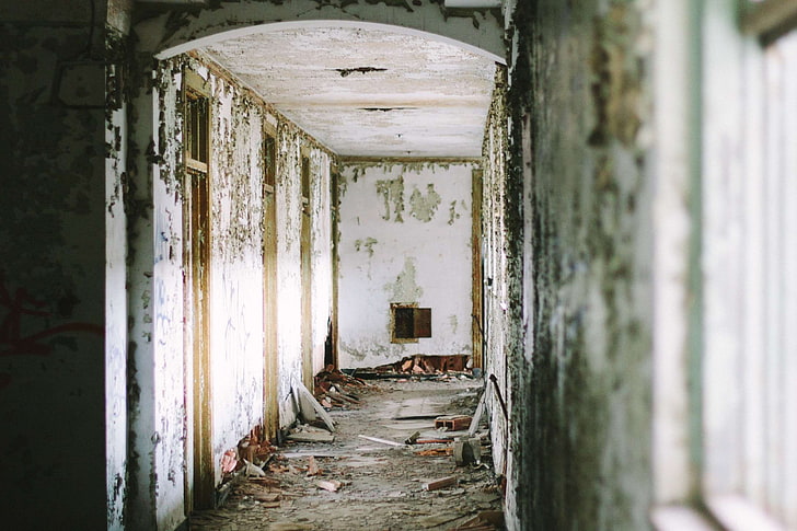 abandoned, building, decay, dirty, doorway, eerie, empty, hallway, indoors, rustic, wall, public domain images, HD wallpaper