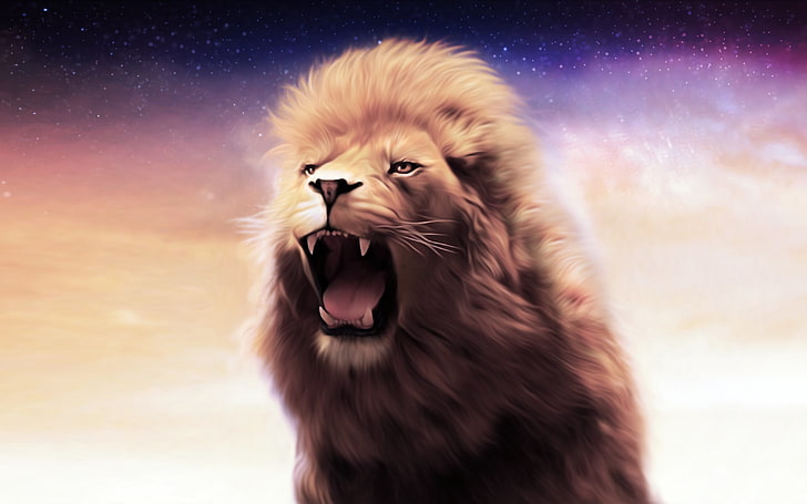 adult lion digital wallpaper, lion, grin, art, mane, HD wallpaper