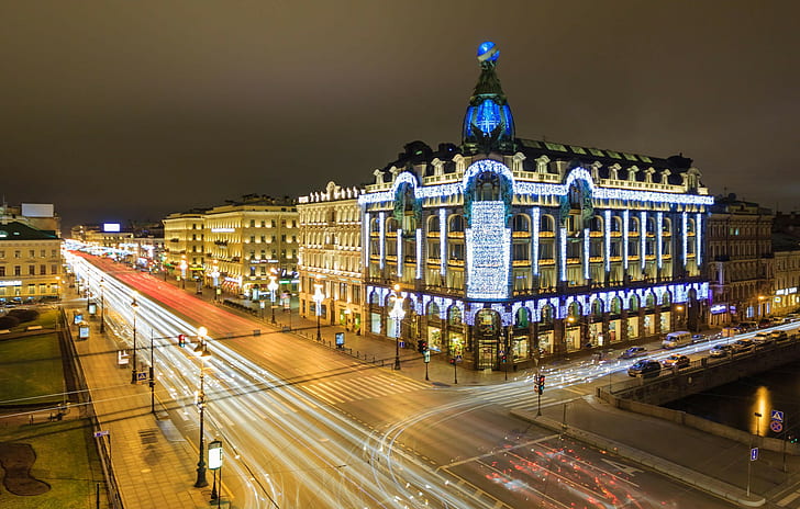 サンクトペテルブルクの夜、ピーター、サンクトペテルブルク、ロシア、spb、夜、ライト、家、建物、通り、ネフスキー大通り、歌手、 HDデスクトップの壁紙