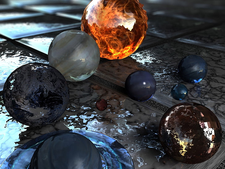 assorted-color gemstone lot, glass, fire, balls, tile, planet, solar system, sphere, HD wallpaper
