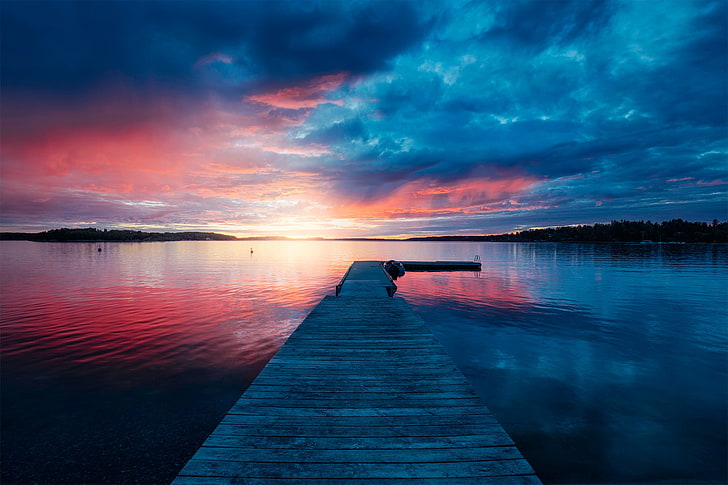 brown wooden dock, pier, lake, bridge, sunset, HD wallpaper