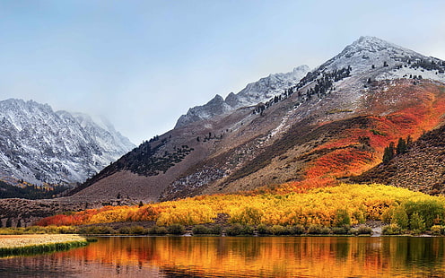 الخريف سنو ماونتن الغابة الضبابية بحيرة ماك بوك، خلفية HD HD wallpaper