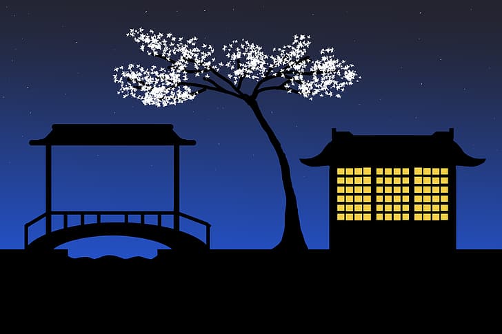 Japão, casa, árvores, cerejeiras, ponte, estrelas, noite, luzes, HD papel de parede