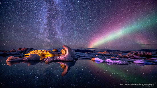 Aurora Borealis, Jokulsarlon Buzul Lagünü, İzlanda, Doğa, HD masaüstü duvar kağıdı HD wallpaper