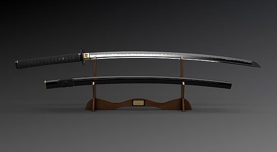 Катана, черно-серебряный меч катана, художественный, 3D, меч, самурай, катана, HD обои HD wallpaper