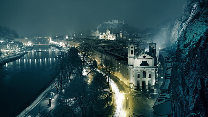night, long exposure, Salzburg, Austria, HD wallpaper