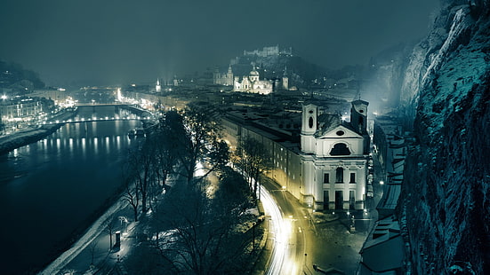 natt, lång exponering, Salzburg, Österrike, HD tapet HD wallpaper