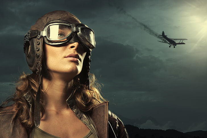 black goggles, the sky, the plane, woman, Girl, pilot, HD wallpaper
