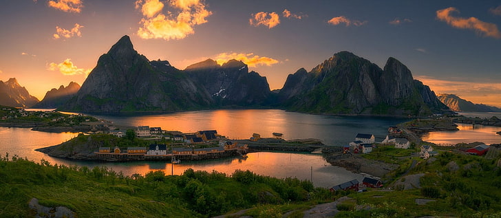 montagnes, nature, île, photographie, Lofoten, paysage, lumière du soleil, matin, village, Norvège, été, Fond d'écran HD