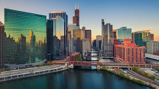 chicago, storstadsområde, stadsbild, stad, chicago river, skyline, skyskrapa, usa, metropol, tornblock, vatten, dagtid, centrum, byggnad, sky, HD tapet HD wallpaper