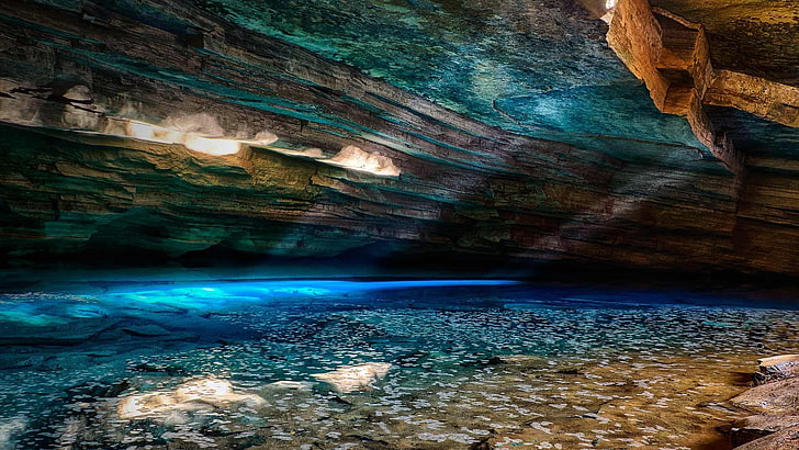 Голубая пещера, кристально чистый, уникальное место, Баия, Бразилия, национальный парк Чапада Диамантина, национальный парк, Чапада Диамантина, ручей, отражение, замечательно, геология, небо, озеро, подземное озеро, скала, пещера, вода, природа, HD обои