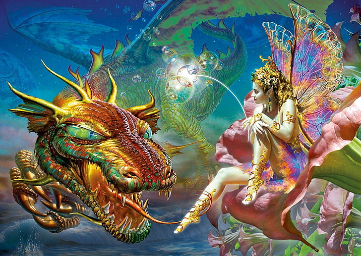 dragon and fairy illustration, Fantasy, Fairy, Colorful, Dragon, Flower, Gold, Wings, Woman, HD wallpaper