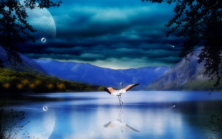 art, autumn, birds, bubbles, clouds, digital, dream, fall, flamingo, flight, forest, lakes, leaves, manipulation, mood, mountains, nature, reflection, shore, sky, trees, HD wallpaper