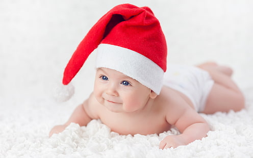 Новорожденный сладкий малыш, детская белая и красная шапка Санта-Клауса, Малыш, красная, новогодняя, ​​милая, смайлик, шапка, HD обои HD wallpaper