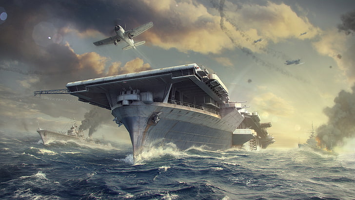 gray battleship, The sky, Water, Clouds, Wave, Smoke, Aircraft, Ship, Ships, Flame, The carrier, Wargaming Net, WoWS, World of Warships, The World Of Ships, HD wallpaper