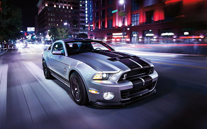 Ford Mustang Shelby GT 500, samochód, rozmycie ruchu, noc, ulica, srebrny i czarny shelby mustang, ford mustang shelby gt 500, samochód, rozmycie ruchu, noc, ulica, Tapety HD