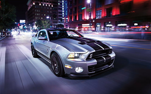Ford Mustang Shelby GT 500, samochód, rozmycie ruchu, noc, ulica, srebrny i czarny shelby mustang, ford mustang shelby gt 500, samochód, rozmycie ruchu, noc, ulica, Tapety HD HD wallpaper