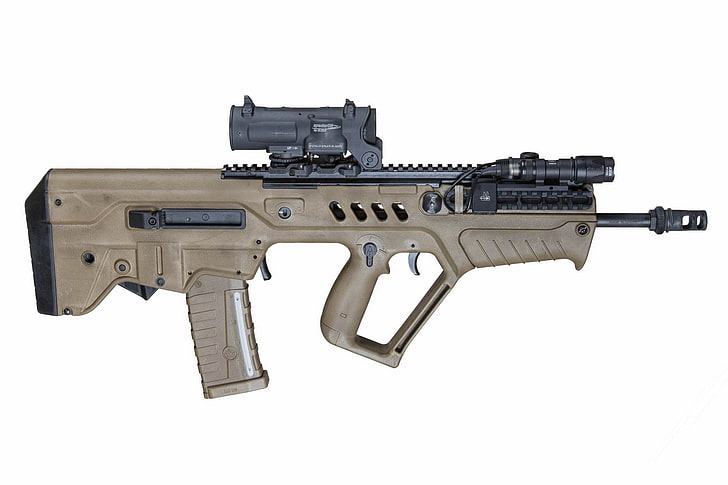 brown bollpup assault rifle, weapons, background, machine, rifle, assault, Tavor, TAR-21, HD wallpaper