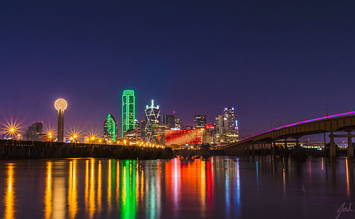 Oversaturated, skyline della città, Stati Uniti, Texas, città, skyline, fiume, dallas, paesaggio urbano, notte, grattacieli, Sfondo HD HD wallpaper