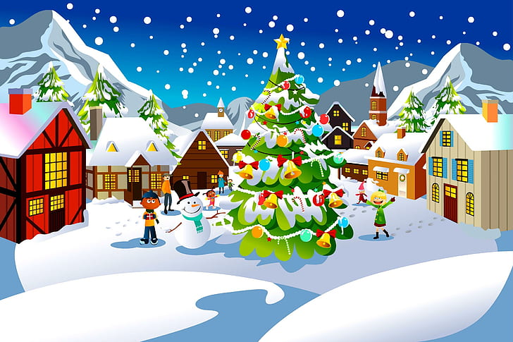 Коледна радост, деца, Коледа, коледно дърво, село, къщи, сняг, град, зима, Коледа, деца, 3d и абстрах, HD тапет