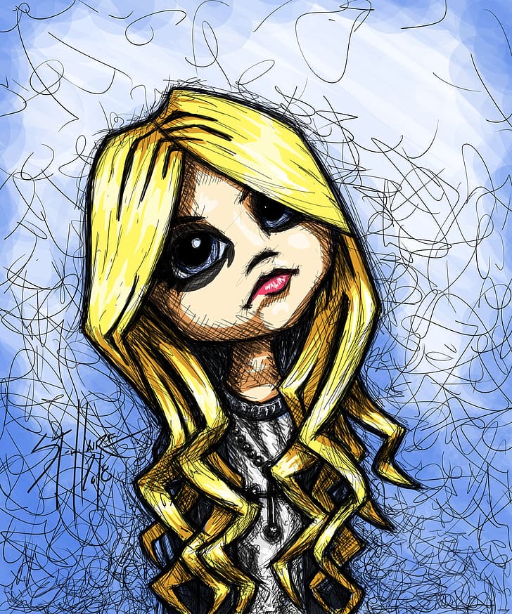 Pierre St-Hilaire, portrait, portrait display, large eyes, young woman, blue eyes, looking up, pencil drawing, wavy hair, digital painting, blue background, women, closed mouth, yellow hair, cross, simple background, drawing, face, eyes, artwork, hair, singer, The Pretty Reckless, music, white background, fan art, digital art, Taylor Momsen, ArtStation, HD wallpaper