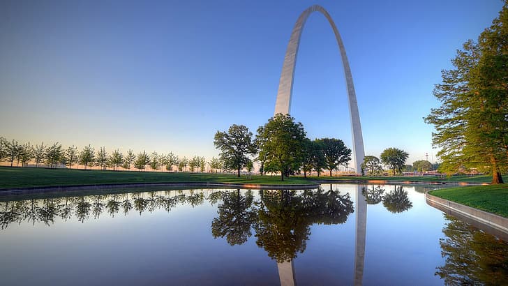nature, landscape, sky, water, trees, grass, reflection, Gateway Arch, monument, St. Louis, Missouri, USA, architecture, HD wallpaper