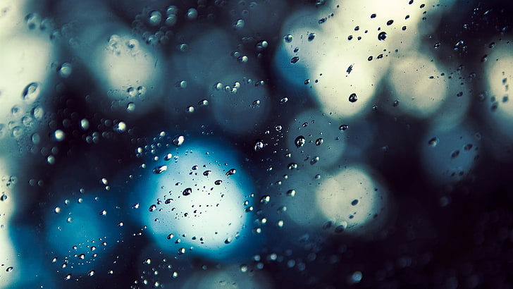 micro photography of dew drops, water drops, glass, blurred, bokeh, blue, water on glass, HD wallpaper