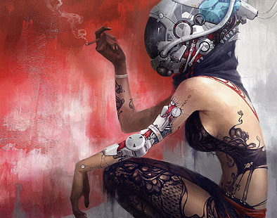 cigarette, sci-fi, tatoo, girl, steampunk, art, My Girlfriend is a Cyborg, HD wallpaper HD wallpaper