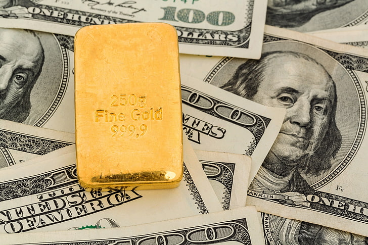 100 دولار أمريكي الأوراق النقدية ، الذهب ، المال ، السوق ، الثروات، خلفية HD