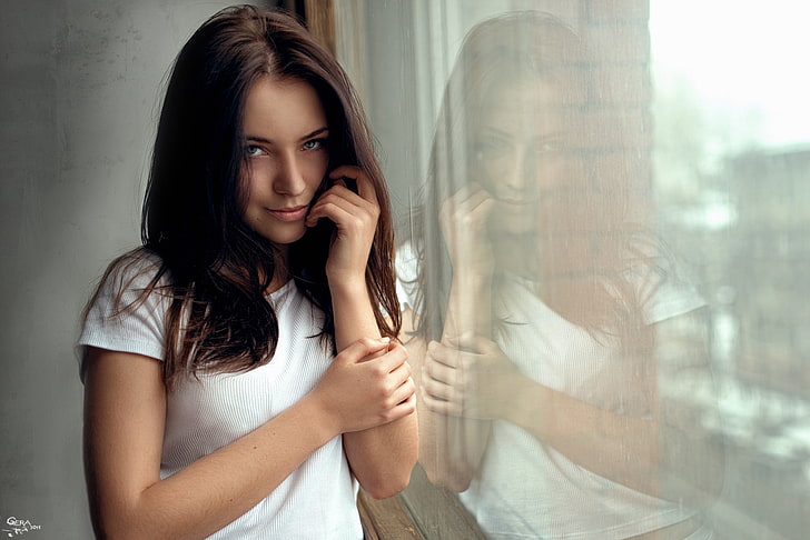 wanita, model, berambut cokelat, jendela, tersenyum, Georgy Chernyadyev, Wallpaper HD