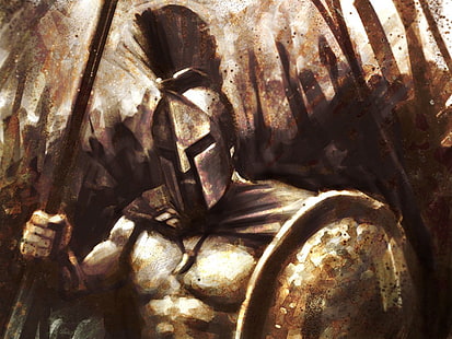 soldado lienzo, película, 300, casco, escudo, espartano, lanza, guerrero, Fondo de pantalla HD HD wallpaper