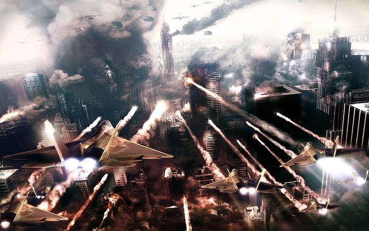 fighter jets illustration, prototype, fighter, missiles, city, destruction, HD wallpaper