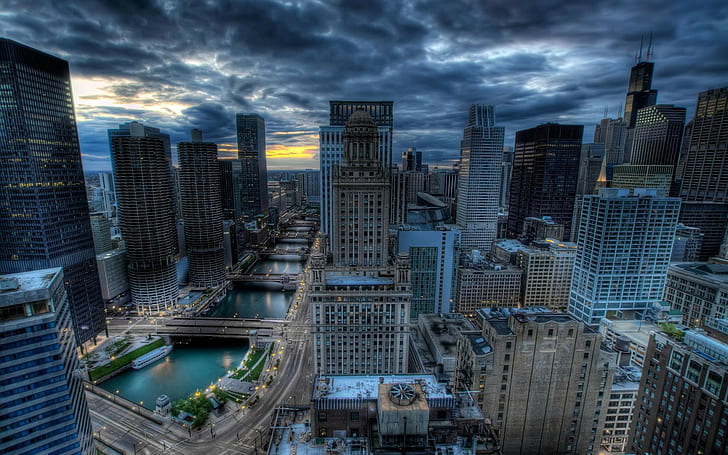 Chicago, AS, kota, lanskap kota, bangunan, pencakar langit, awan, matahari terbenam, sungai, jembatan, jalan, HDR, Wallpaper HD