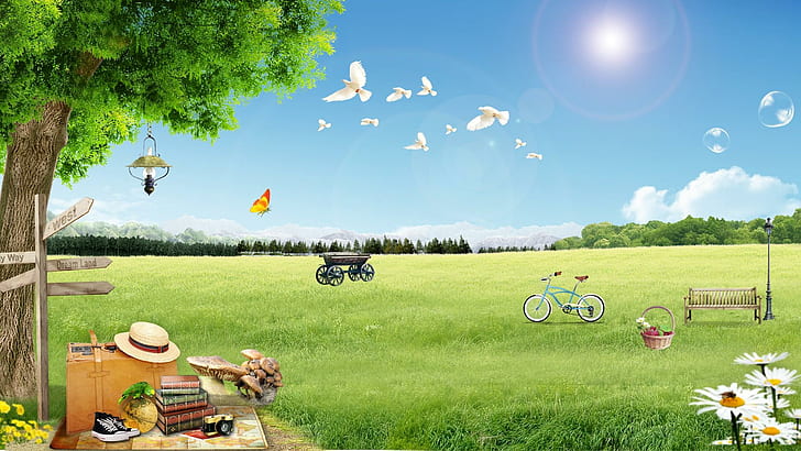 En attente du train, vélo de croisière de la plage turquoise près de l'illustration du wagon, vélo, champignons, arbre, banc, signe, fleurs, champ, oiseaux, papillon, lumière, 3d et, Fond d'écran HD
