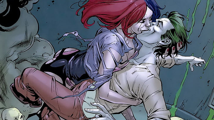 Илюстрацията на Жокера и Харли Куин, жени, Джокер, целувки, Батман, DC Comics, Харли Куин, HD тапет