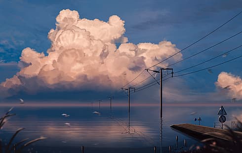 Ю Цзин, иллюстрация, облака, закатное сияние, закат, опора, озеро, птицы, небо, HD обои HD wallpaper