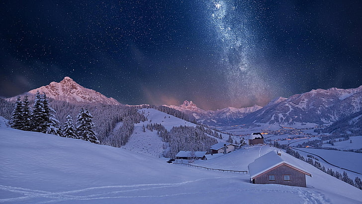 céu estrelado, noite, montanha, alpes, europa, natureza, áustria, tirol, céu, aldeia da montanha, noite estrelada, casa, céu noturno, estrelas, via láctea, inverno, neve, vila, HD papel de parede